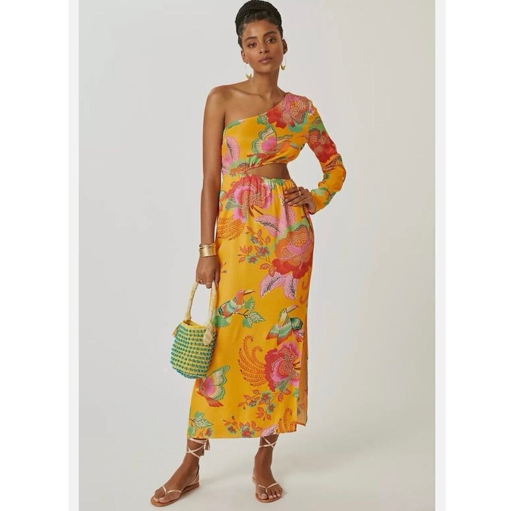 FARM Rio One-Shoulder Yellow Floral Maxi Dress with Pink & Green Accents